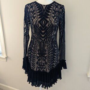 Lace Pleated Long Sleeve Ruffle Dress